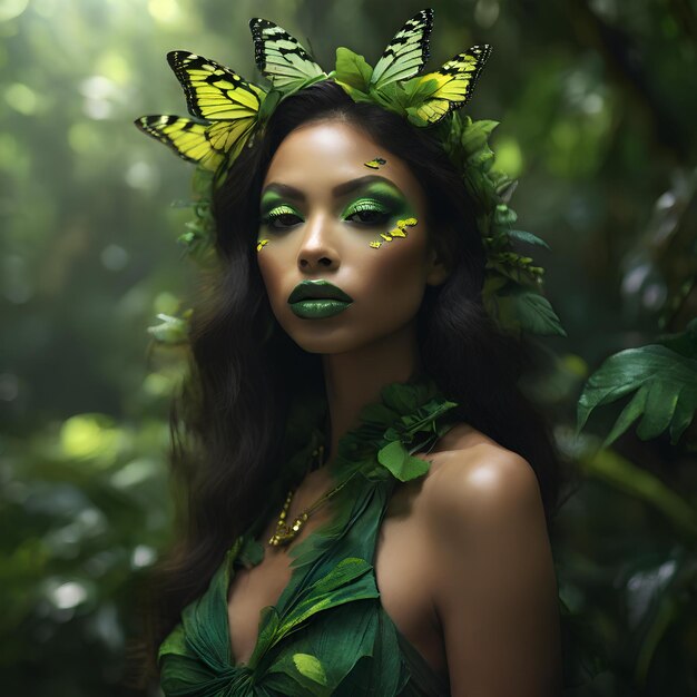 a woman adorned with a green butterfly