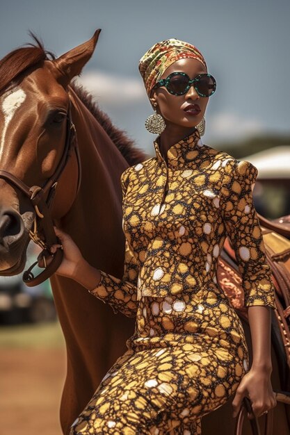 woman in african print outfit sitting on a horse with sunglasses on generative ai