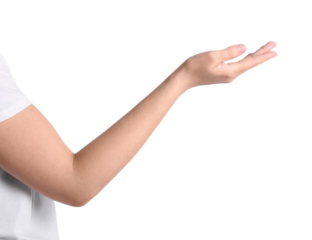 Woman against white background closeup on hand