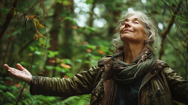 A woman aged 6070 with her arms outstretched to the sky in a forest