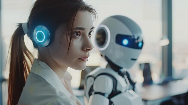 Woman and AI robot working together in office concept generative AI image