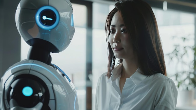 Woman and AI robot working together in office concept generative AI image