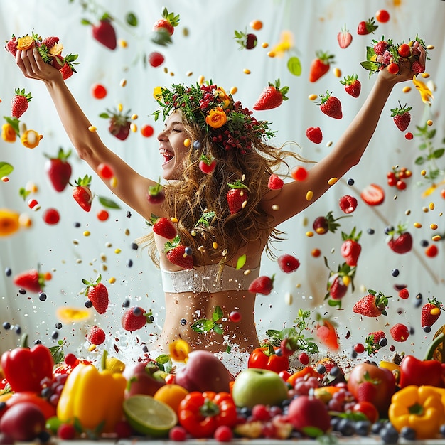 Photo a woman in the air with her arms up in the air with fruits and vegetables