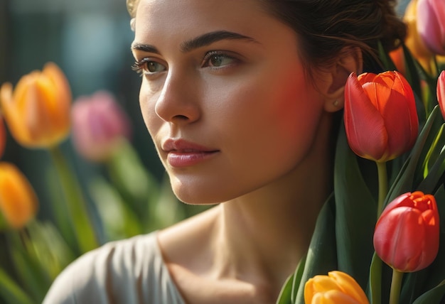 Woman amidst tulips appears contemplative springtime garden provides colorful and thoughtful