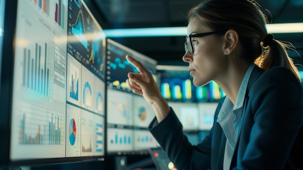 A woman analyzes complex data on multiple computer screens in a technologydriven office environment