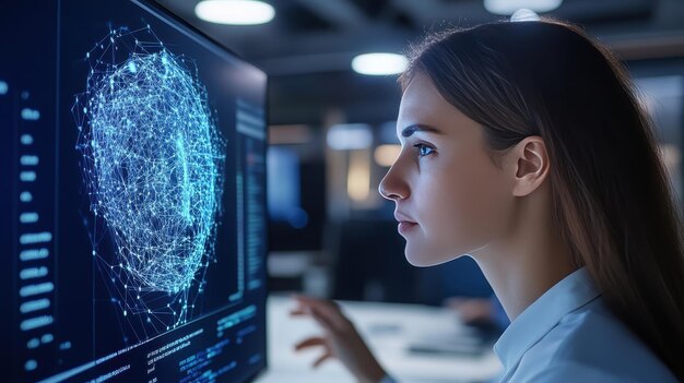 Woman Analyzing Data on Computer Screen with Network Graph