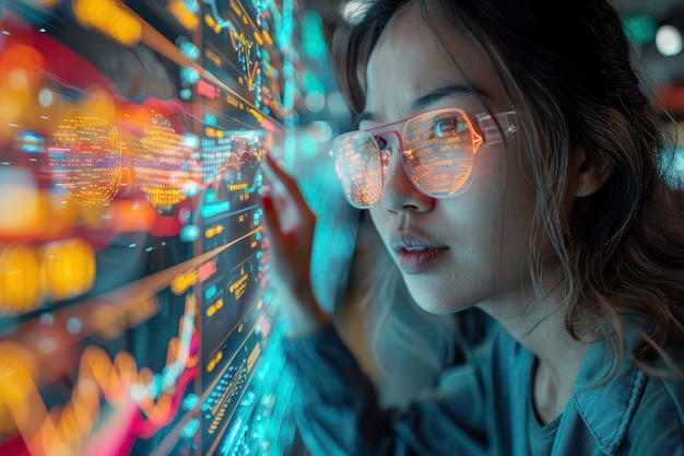 Woman analyzing data on futuristic digital screen engaged in technology and analytics with focus and