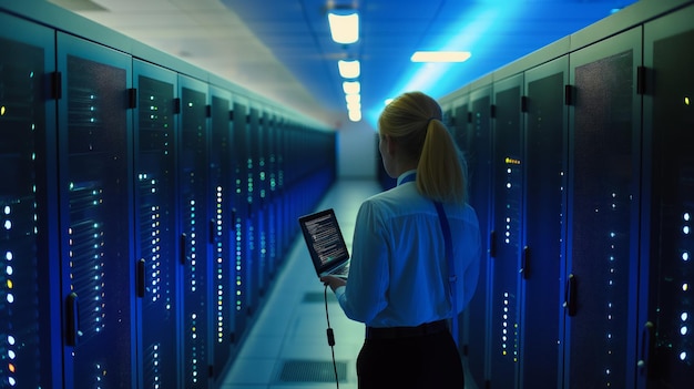 Woman Analyzing Data on Tablet in Server Room