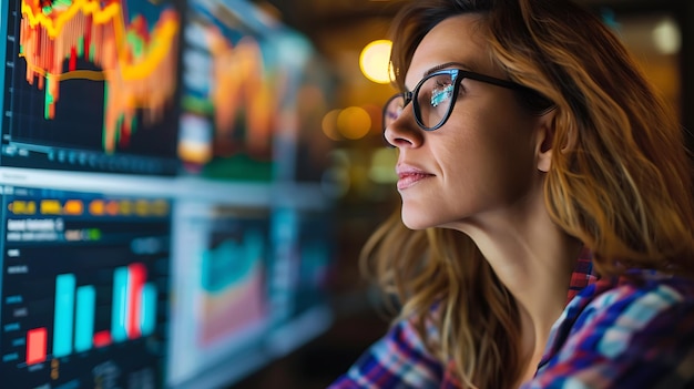 Woman Analyzing Financial Data on Computer Screen