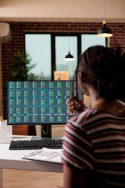 Woman analyzing forex charts, looking at foreign exchange market data on computer screen, back view. Remote financial analyst working at home, currency trade analysis, money investment