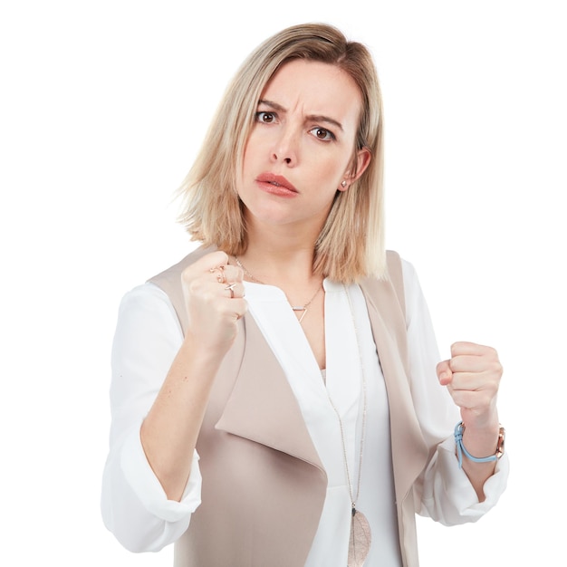 Woman angry in portrait with fist and fight pose with self defense and fighter isolated on white background Anger warning and conflict with violence and female fighting face punch and attack