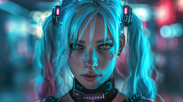 Woman anime cute style Modern elegant cyberpunk on neon background wallpaper AI generated image