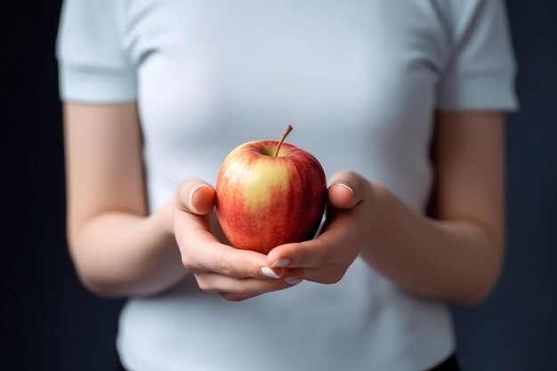 Woman apple and diet plan in hand for weight loss fitness or wellness created with generative ai