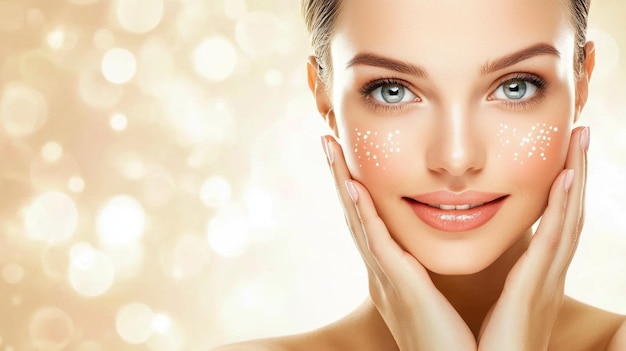 Photo the woman applies a luminous skincare treatment displaying a flawless complexion her warm smile and gentle touch emphasize the importance of selfcare and beauty rituals