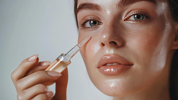 A woman applies a skincare serum showcasing her radiant glowing complexion