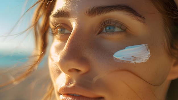 Photo a woman applies sunscreen on the beach