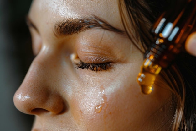 Photo woman applying essential oil onto face closeup