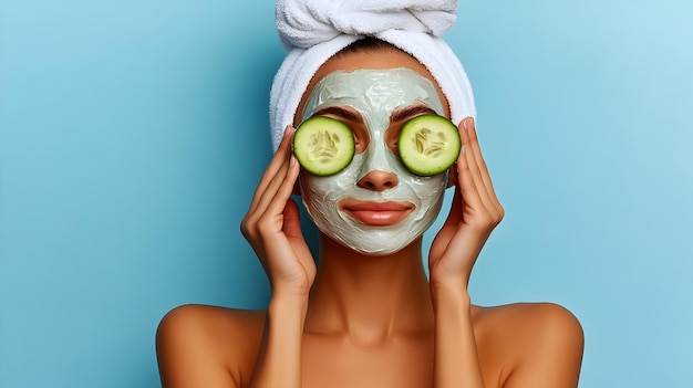 Photo woman applying facial mask with cucumber slices for skin care in blue background