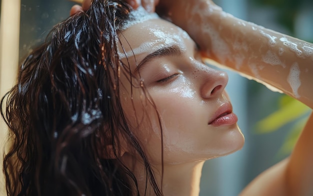 Photo woman applying leavein conditioner to damp hair