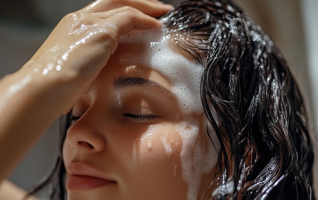 Photo woman applying leavein conditioner to damp hair