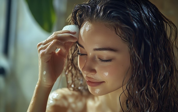 Photo woman applying leavein conditioner to damp hair