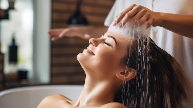 Woman applying shampoo and massaging hair of a customer Woman having her hair washed in a hairdress