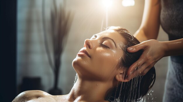 Woman applying shampoo and massaging hair of a customer Woman having her hair washed in a hairdress