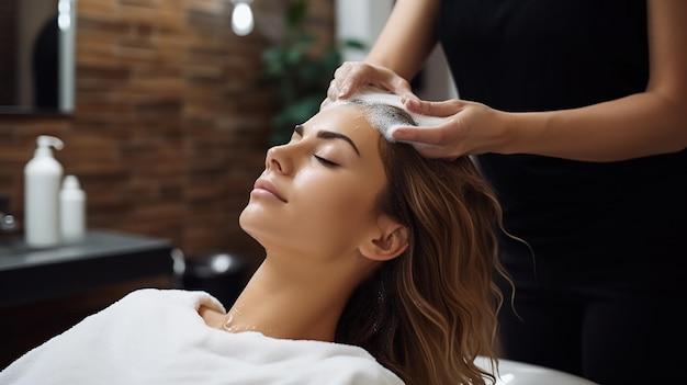 Woman applying shampoo and massaging hair of a customer Woman having her hair washed in a hairdress