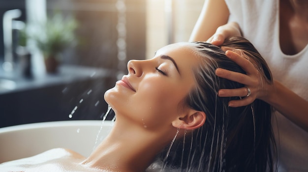 Woman applying shampoo and massaging hair of a customer Woman having her hair washed in a hairdress