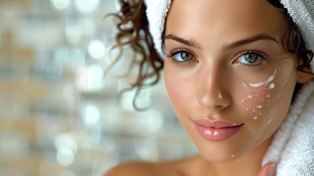 Photo woman applying skincare in a bright bathroom setting