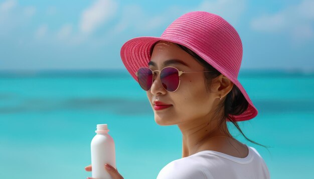 Photo woman applying sunscreen at the beach protecting skin from sun damage summer skincare routine how