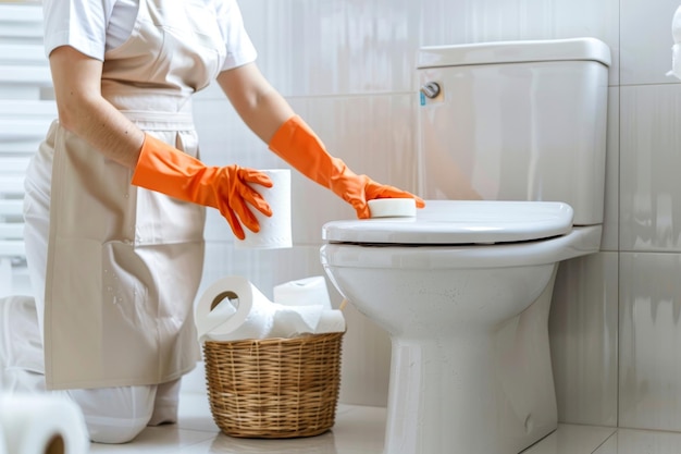 Woman in apron cleaning toilet in modern white bathroom with open door and cleaning supplies nearby