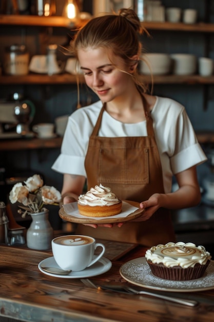 A woman in an apron holds a plate of delicious cupcakes perfect for baking or decorating