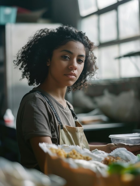 A woman in an apron holds a plate of food perfect for a family dinner or a casual gathering