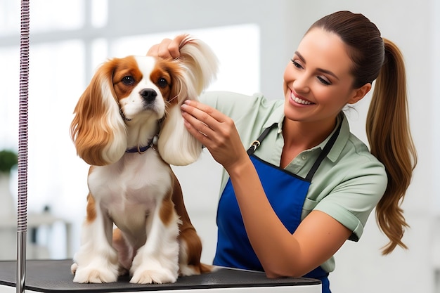 a woman in an apron is giving a dog a treat