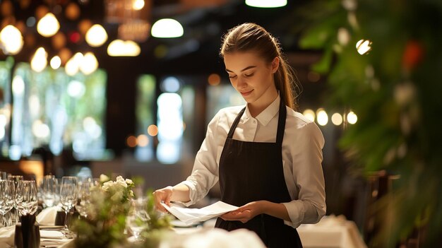 Photo a woman in an apron is standing in front of a table with flowers and a sign that says quot chef quot