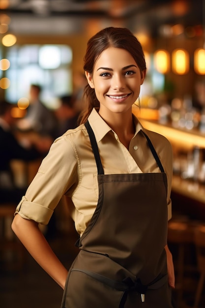 A woman in an apron stands in a bar