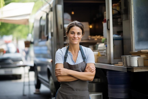 a woman in an apron stands in front of a food truck