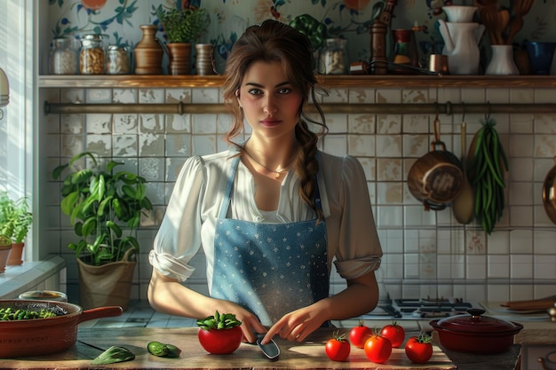 Photo a woman in an apron stands in front of a kitchen counter with vegetables and a knife