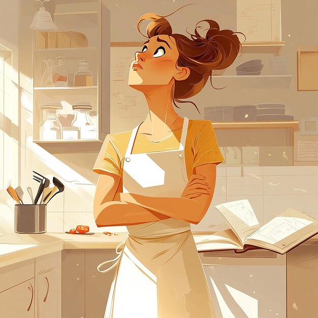 Photo a woman in an apron stands in a kitchen with a book in her hand