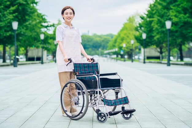 Woman in an apron and wheelchair