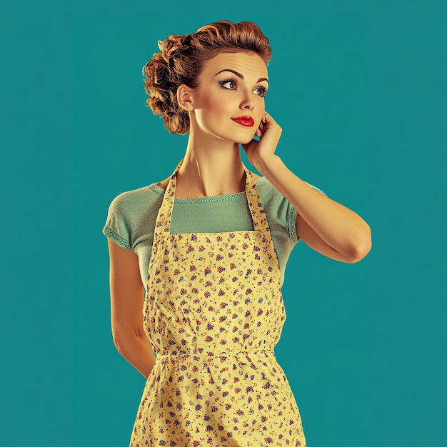 Photo a woman in an apron with a hand on her face