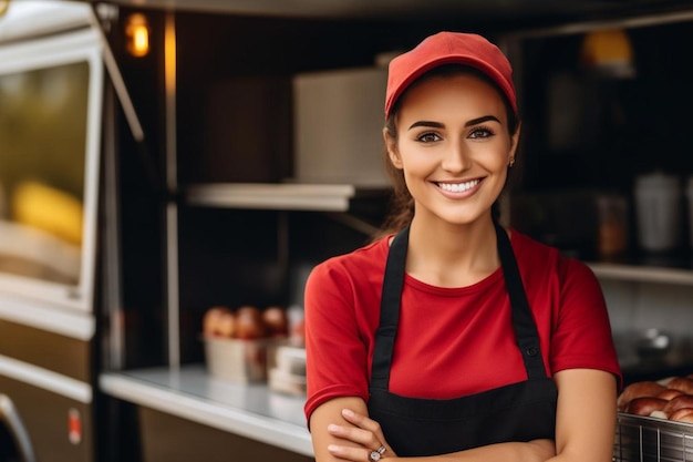 a woman in an apron with her arms crossed in front of a kitchen counter with a smile on her face