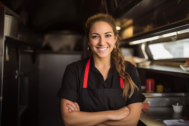 a woman in an apron with her arms crossed