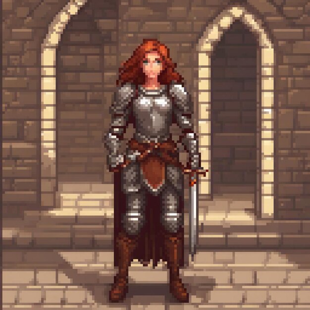 Woman in armor pixel art standing strong before a stone wall