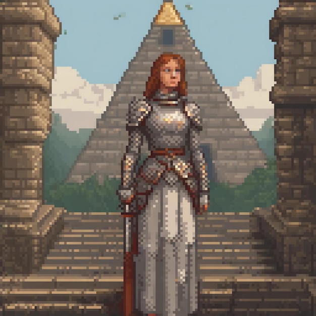 Woman in armor at pyramid pixel art style