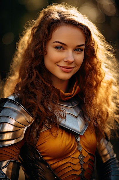 a woman in armor smiling