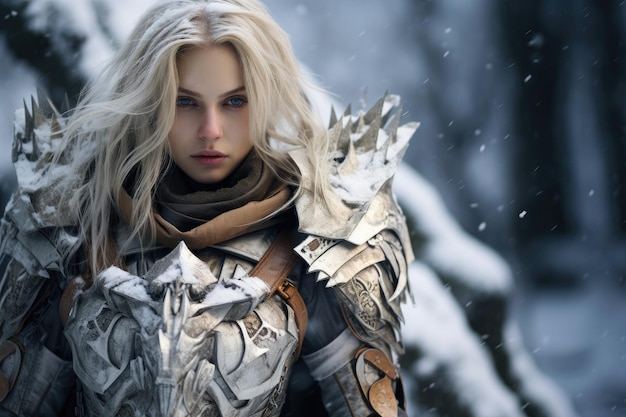 a woman in armor in the snow