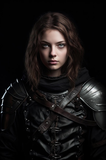 a woman in armor with a black background