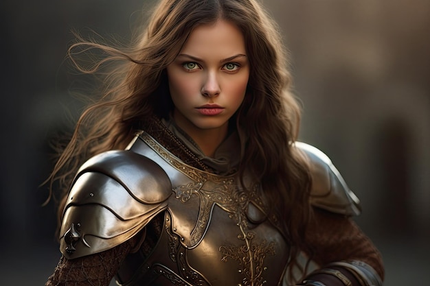 a woman in armor with long hair